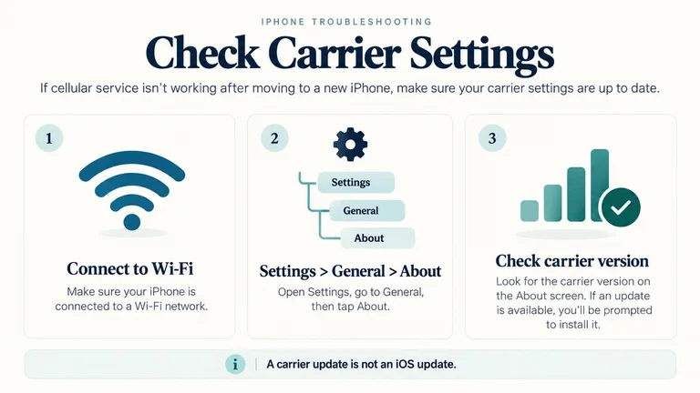 iPhone carrier settings guide showing Wi-Fi, Settings General About, and carrier version checks