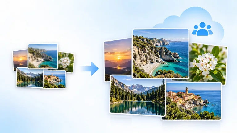 Diagram showing an older shared photo album becoming a larger full-resolution collaborative album